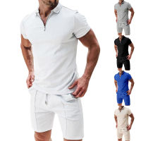 Gifts European And American MenS Short -Sleeved Shorts Casual Set Summer Huafu Pure Color Loose Lapel T -Shirt