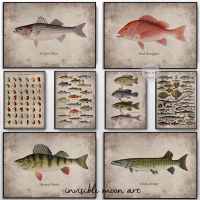 Vintage Aquatic Canvas Art: Stripped Bass, Salmon, Lake Trout Wall Print - Ideal Home Decor