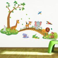 3D Cartoon Jungle wild animal tree bridge lion Giraffe Elephant birds flowers wall stickers for kids room living room home decor