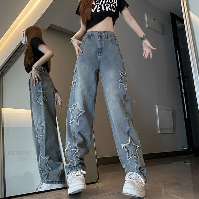 ห้าแฉกดาวเย็บปักถักร้อยกางเกงยีนส์ผู้หญิง Streetwear Y2k แฟชั่นเกาหลีเอวสูงสบายๆกางเกงยีนส์ตรงกางเกงยีนส์แฟน