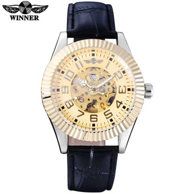 WINNER New Arrival Luxury Skeleton Design Fashion Men Watches Automatic Self-Wind Artificial Leather Strap Watches For Men