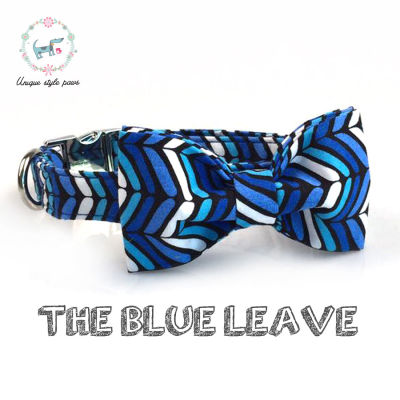 Blue Wave Pattern Plaid Dog and Cat Collar and Leash Set with Bowtie Soft and Cotton Fabric Adjustable Metal Buckle