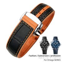 ☼ 20 มม. 22 มม. คุณภาพสูงหนัง Cowhide ยางสำหรับ Omega Seamaster Planet Ocean 600 GMT สีส้ม 19/21 มม. สายนาฬิกา