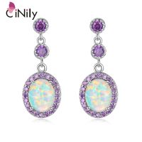 ┅ CiNily Large White Fire Opal Oval Stone Earrings Silver Plated Violet Lilac Purple Zircon Crystal Vintage Party Jewelry Women