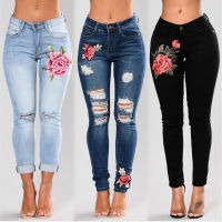 【CW】Stretch Embroidered Jeans For Women Elastic Flower Jeans Female Pencil Denim Pants Hole Ripped Rose Pattern Jeans Pantalon Femme