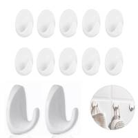 10Pcs Wall Hook Hanger Self Adhesive Small Shower Hook Stick Plastic Oval Wall Hanger for Key Kitchen Bathroom Robe Towel White Picture Hangers Hooks