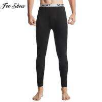 Mens Thermal Underwear Bottoms Mid Rise Solid Skinny Pants Letter Print Elastic Waistband Leggings Warmer Loungewear Nightwear