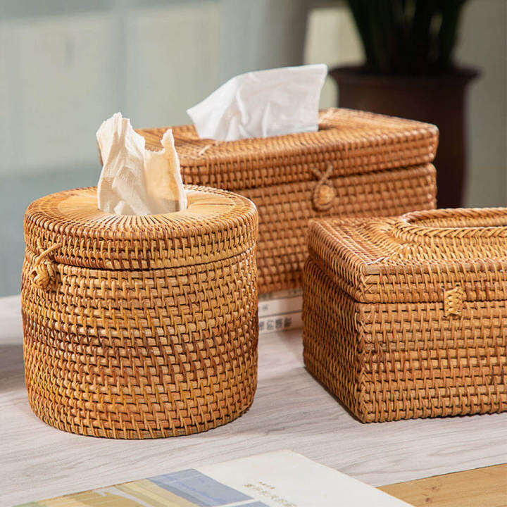 Rectangular rattan tissue box lid boho woven napkin holder decorative