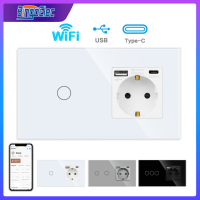 WiFi Smart Switches และ Wall Socket Glass Light Switch Plus USB Socket Type-C Interruptor WiFi Smart Life Google Alexa Control-Cgefeng