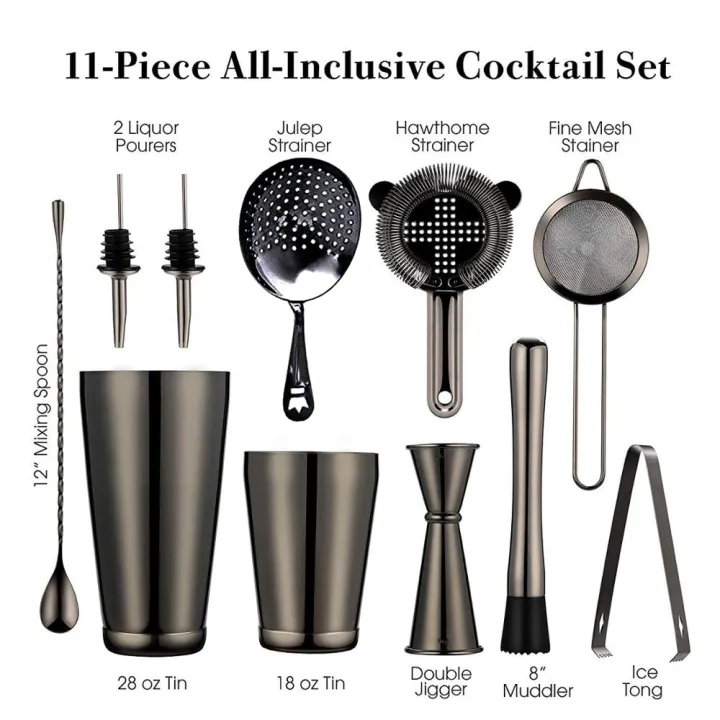 Cocktail Shaker Bar Set: 2 Weighted Boston Shakers Cocktail Strainer Set Jigger Muddler and Spoon  Ice Tong and 2 Bottle Pourer Bar Wine Tools