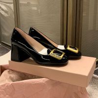 mid heel Block heel 2023 New Mary Jane miu miuˉShoes Leather Round Toe Metal Square Buckle Way Chunky High Heels