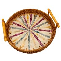 New Rattan Bread Basket Woven Snack Storage Basket Colorful Shell Stitching Handmade Fruit Plate Rattan Tea Tray