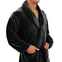 TOP☆Men Shawl Collar Coral Fleece Solid Color Long Bath Robe Home Gown Sleepwear