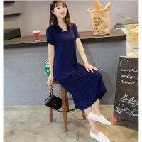 Korean Womens V Collar Comfortable Modal Casual Long T-shirt Dress