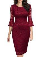 REPHYLLIS Women Lace Flare Sleeves Elegant Cocktail Evening Party Church Mother of Brides Formal Dress 2023 Bodycon Stretchy