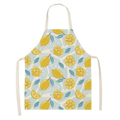 Lemon Tropical Print Cotton Linen Apron Kitchen Women Baking Waist Bib Home Cooking Brief Sleeveless Pinafore