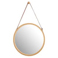 3X Hanging Round Wall Mirror in Bathroom &amp; Bedroom - Solid Bamboo Frame &amp; Adjustable Leather Strap (Bamboo, 15 Inch)