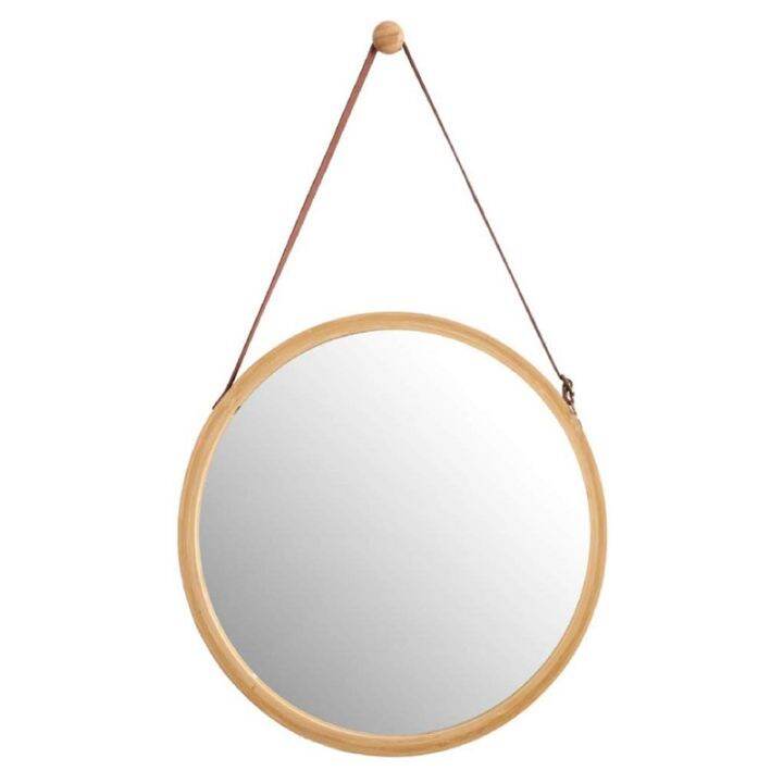 hanging-round-wall-mirror-in-bathroom-amp-bedroom-solid-bamboo-frame-amp-adjustable-leather-strap