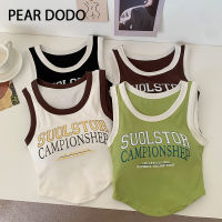 PEAR DODO แฟชั่นเกาหลีรอบคอตัวอักษรพิมพ์เสื้อกั๊กสั้นแขนกุดสำหรับผู้หญิง