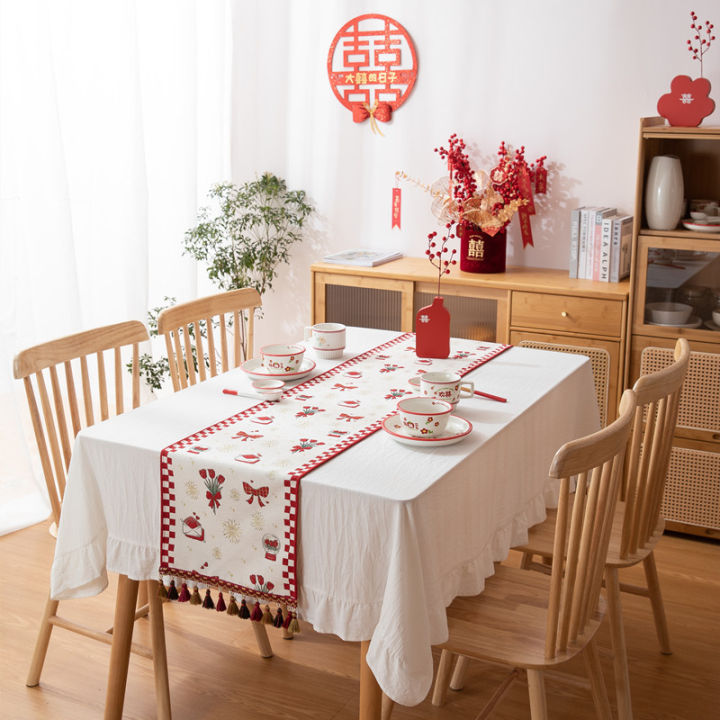 เสื่อผ้าปูโต๊ะสำหรับเทศกาลดอกไม้สีแดงโบว์ตัวอักษรจีนผ้าปูโต๊ะคริสต์มาส-tassels-โต๊ะรับประทานอาหาร-ถังหางเตียงตู้ทีวีมีช่องวางทีวีผ้าปูโต๊ะของตกแต่งงานปาร์ตี้สำหรับงานเลี้ยง