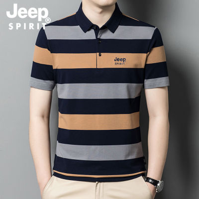 JEEP SPIRIT Mens Polo Shirt Short Sleeve Polo Stripe T-shirt Pure Cotton Breathable Thin Embroid Stripe POLO Shirt