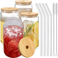 Glass Cup With Bamboo Lid and Straw Bubble Tea Transparent Cold Drinking Coffee Wine Milk Cup Glass Drinkware Durable 46pcs