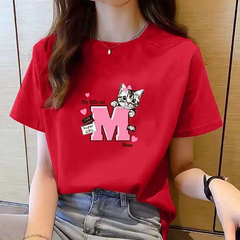 t-shirt woman 2023 new korean t shirts for women round neck short sleeve  loose red top fashion woman cartoon printed ladies t shirt | Lazada  Singapore