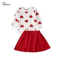 2020 Baby Spring Autumn Clothing Toddler Baby Girls Valentines Day Clothes Hearts Tops T-Shirt Dress Skirt 2Pcs Outfits 1-6T