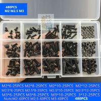 480Pcs ISO7380 M2 M2.5 M3 Alloy Steel 10.9 Level Black Hexagon Socket Button Head Screw Furniture Mushroom Cap Bolts Kit Nails Screws  Fasteners