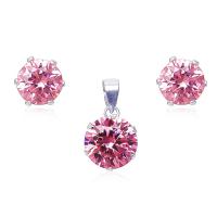 ชุดเงินแท้ 925 Sterling Silver ฝังพลอยสี Pink Cubic Zirconia RS 10 mm จี้ และ RS 6 mm ต่างหู Nickel Free ปราศจา สารนิกเกิ้ล