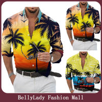 BellyLady เสื้อยืดชายหาดผู้ชายแฟชั่นแขนยาวมีปกเสื้อคาร์ดิแกนทันสมัย3d พิมพ์ลายมะพร้าวเสื้อเชิ้ตใส่สบายสบายๆ