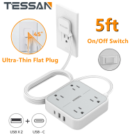 ปลั๊กไฟ Super Flat Plug สายไฟต่อขยาย 5 ฟุต, เต้ารับ AC 4 ช่อง, พอร์ต USB-A 2 ช่อง, เครื่องชาร์จ USB-C 1 ช่อง - สถานีชาร์จ TESSAN Extension Socket ที่จำเป็นสำหรับการเดินทางล่องเรือหอพักอุปกรณ์โฮมออฟฟิศ