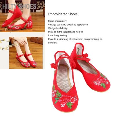 ☬ HILTY ผู้หญิงปักรองเท้าส้นเตารีด ด้านในเพิ่มความสูงรองเท้าผ้าปักดอกไม้จีน