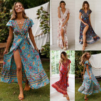 New summer fresh and sweet casual vacation print dress y beach slits big swing long skirt women clothing dresses women