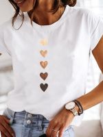เสื้อยืดแขนสั้นพิมพ์ลายกราฟิกผู้หญิงลำลองสำหรับผู้หญิงเสื้อยืดพิมพ์ลายหัวใจสีน้ำหวานสำหรับฤดูร้อน