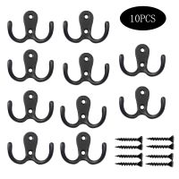 10Pcs Black Small Metal Wall Hooks Dual Prong Door Hangers with Mounting Screws for Hanging Coat Robe Clothes Hat Keys Heavy Bag Picture Hangers Hooks