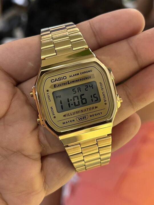 ORIGINAL CASIO Digital Stainless Steel Gold Unisex Watch A168WG 9 Casio Digital Alarm Chrono