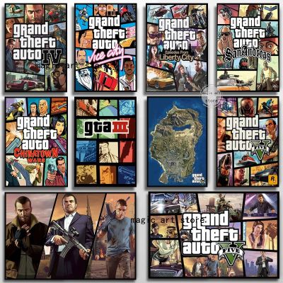 Grand Theft Auto V, IV, San Andreas, Vice City Art Series โปสเตอร์ภาพวาดผ้าใบสำหรับตกแต่งบ้าน-พิมพ์คุณภาพสูงสำหรับห้องเกมห้องนอนและบาร์