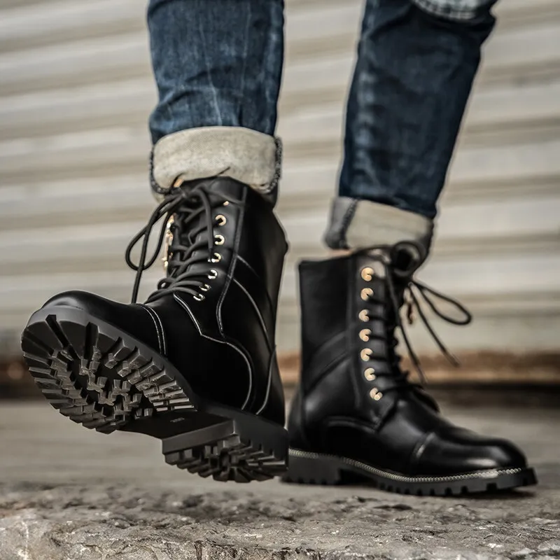 HOT ○306 Men's Fashion Motorcycle Boots Casual Round Toe Biker Boots Autumn  PU Leather Lace-up Martin Boots Outdoor Zip High Tops Shoes Black |  