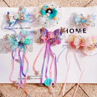 Princess Glitter Tassel Hair Bows Clips Mermaid  Party Hairpin Girls Barettes Mesh Hair Grip Headwear Accessories for Kids