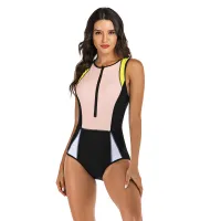 Sleeveless Rash Guard Women Zipper One Piece Swimsuit Plus Size Print Swimwear Push Up Swim Suit High Neck Monokini Black Surf