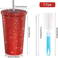 500Ml Straw Cup With Lid Reusable Rhinestone Stainless Steel Double Layer Thermos Cups Women Glitter Cup Water Bottle Gift 2023