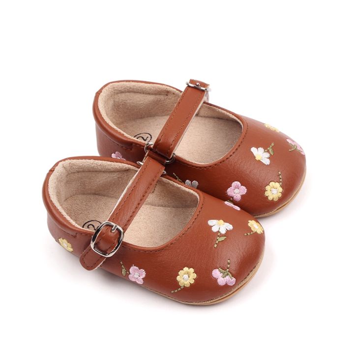 รองเท้าส้นแบนสำหรับเด็กทารกผู้หญิงรองเท้าเจ้าหญิงปักลายดอกไม้ทำจากหนัง-pu-รองเท้าชุดเดรส