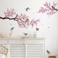 Pink Peach Blossom Flowers Branch Birds Floral Wall Stickers for Bedroom Living Room Furniture Background Wall Decals Murals pvc Wall Stickers  Decals