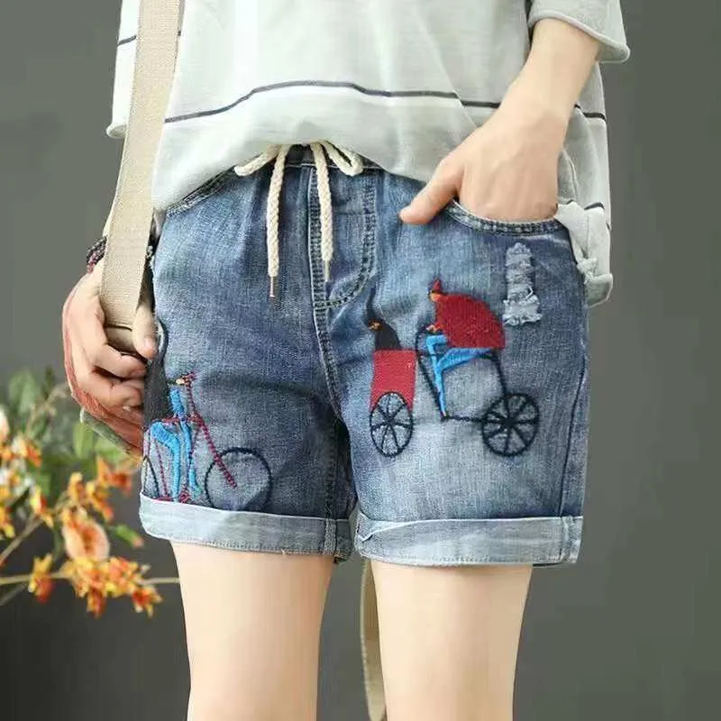 W&ME Plus Size Elastic Waist Denim Shorts Women's Summer Animal