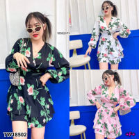 B18502 Jumpsuit จั้มสูทกางเกง ลายดอกกุหลายบ สายผูกเอว Jumpsuit, jumpsuit, pants, rose pattern, tie waist