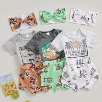 Summer Newborn Baby Boys Girls Clothes Sets 0-18M Cartoon Animal Print Short Sleeve Bodysuits+High Waist Shorts+Headband Outfits  by Hs2023