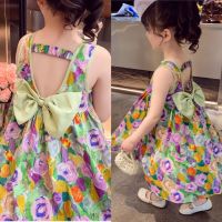 COD SDFGERGERTER Girls Backless Dress Summer Childrens Sweet Bowknot Floral Princess Dress For Kids Girl Clothing