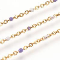 1m Handmade Ion Plating(IP) 304 Stainless Steel Cable Chains Enamel Soldered Flat Oval Golden Lilac 1.5mm