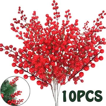 10Pcs Mini Rich Red Artificial Berry Stems,Christmas Red Berries